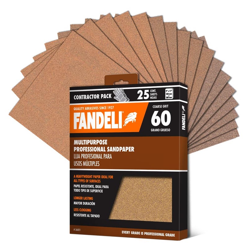 Fandeli | Multi-Purpose Sandpaper | 60 Grit | 25 Sheets of 9'' x 11'' | Metal and Wood Sandpaper | Wall Sandpaper | Hand Sanding | Orbital Sanders - Image 1